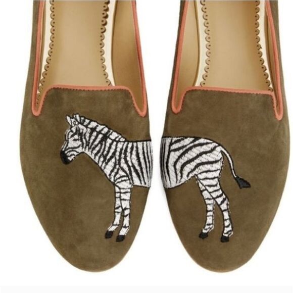C. Wonder Green Suede Embroidered Zebra Smoking Loafers Sz 9 - Picture 1 of 10